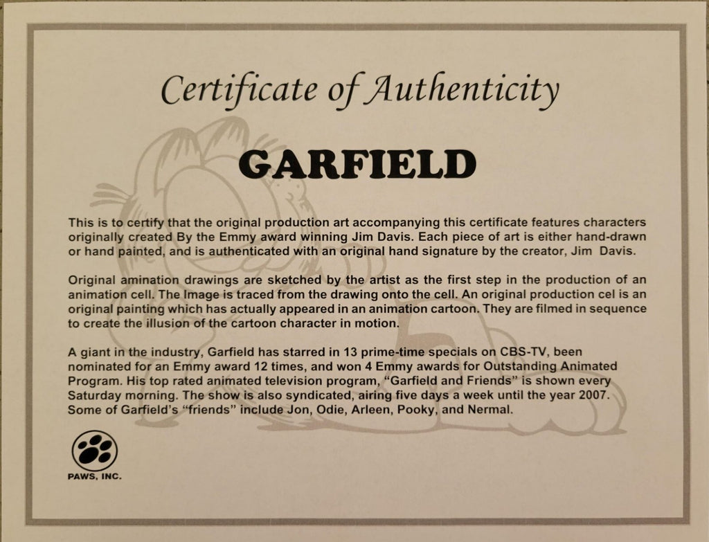 Jim Davis Autographed Garfield Original 2 Hand Painted Production Cel's Framed