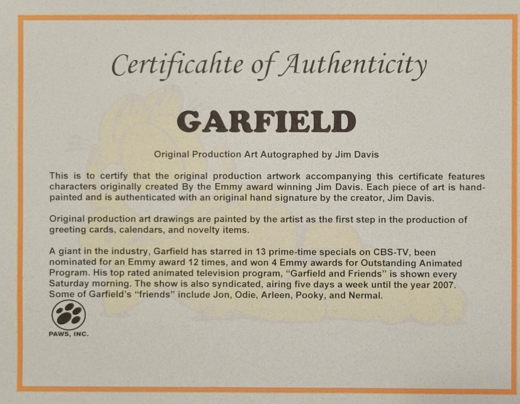 Jim Davis Autographed Garfield Original Production art Framed