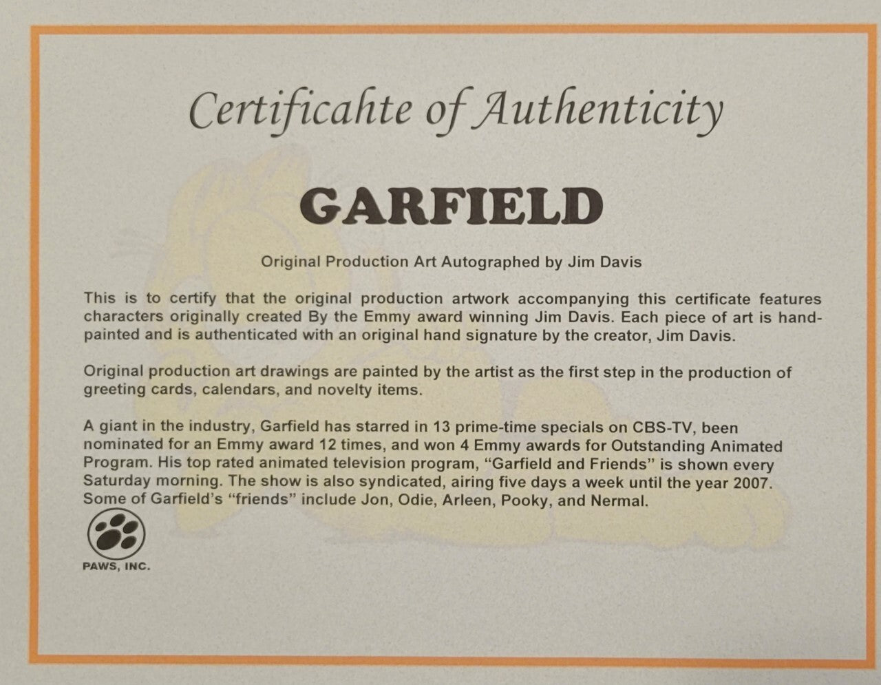 Jim Davis Autographed Garfield Original Production art Framed