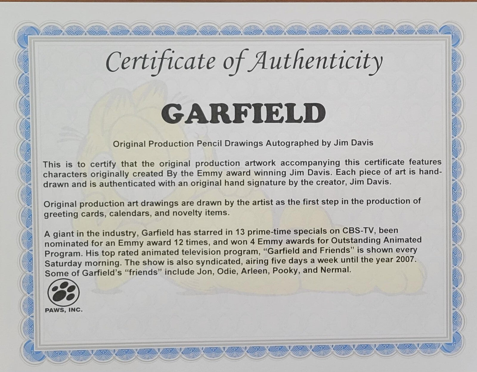 Jim Davis Autographed Garfield Original Pencil Drawing Framed  RARE