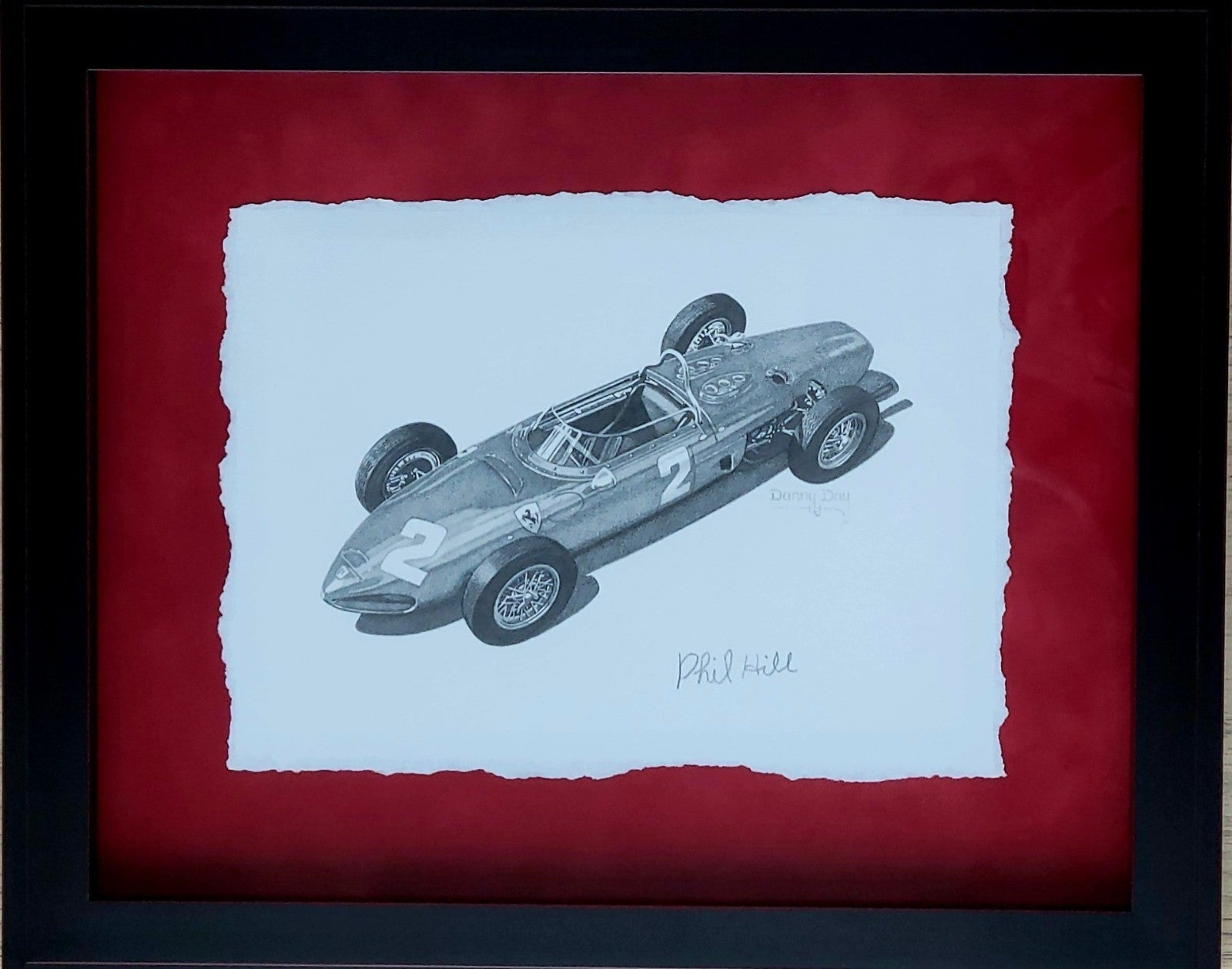 Ferrari 156 “Sharknose” Original Pencil Drawing, Danny Day – Signed by Phil Hill