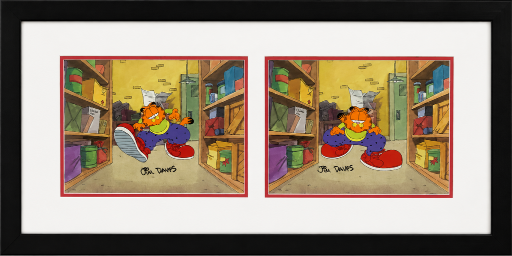 Jim Davis Autographed Garfield Original 2 Hand Painted Production Cel's Framed