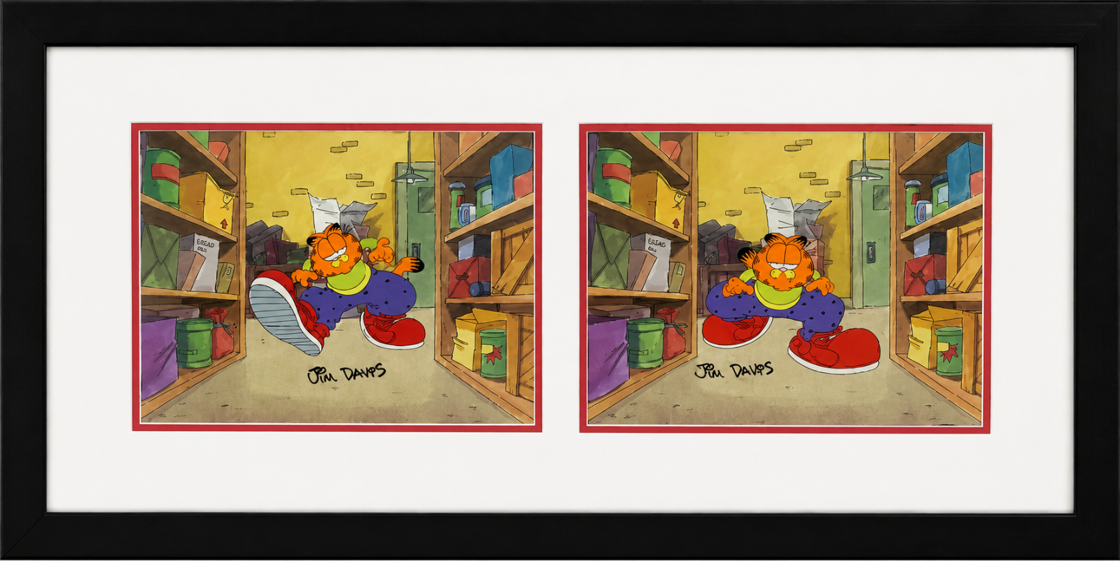 Jim Davis Autographed Garfield Original 2 Hand Painted Production Cel's Framed