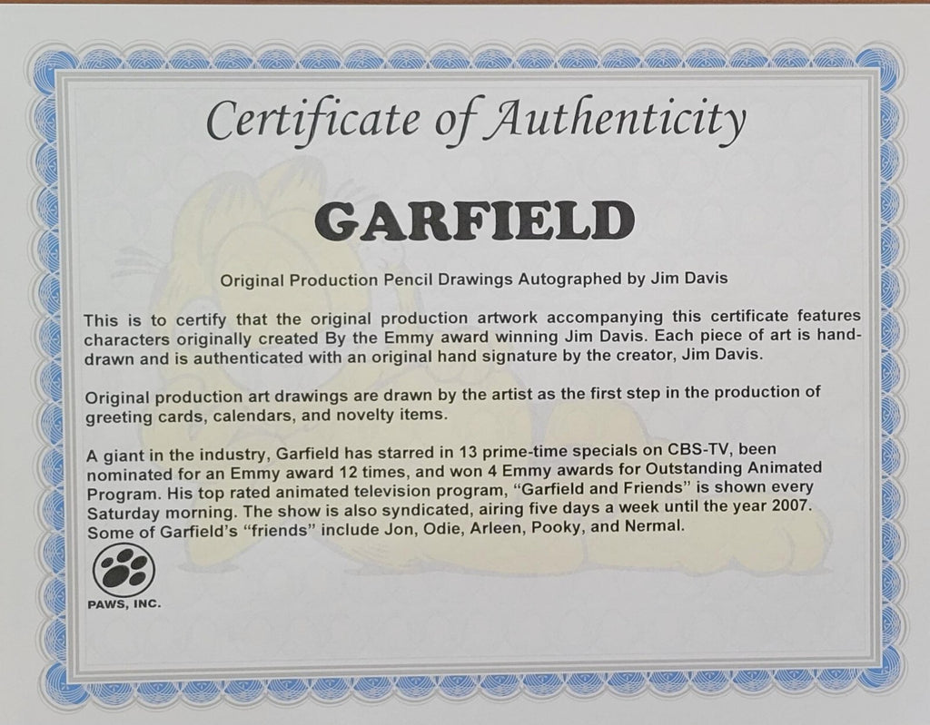 Jim Davis Autographed Garfield Original Pencil Drawing Framed  RARE